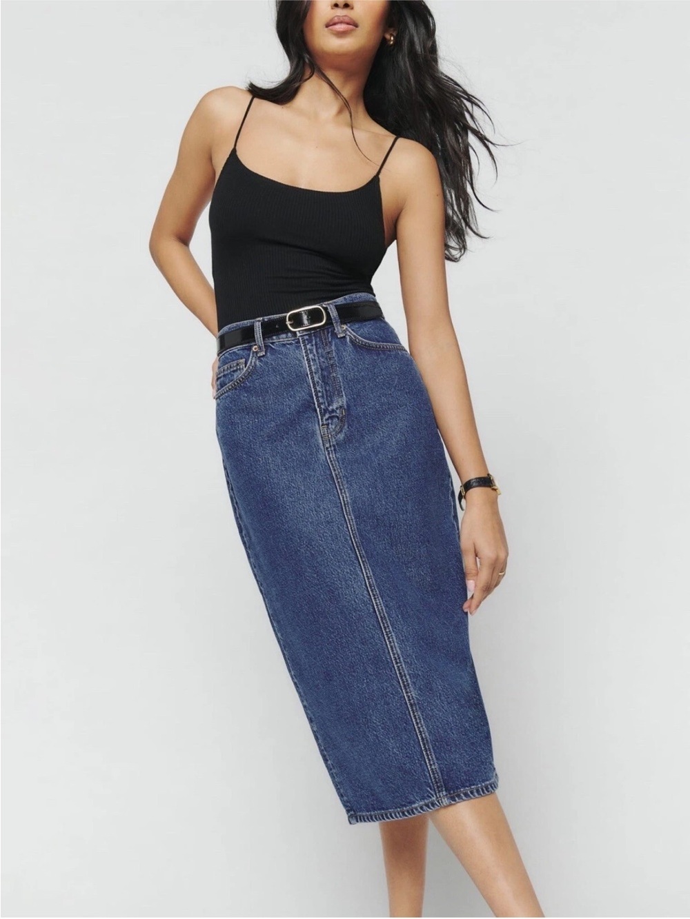 Reformation Blue Denim High-Rise Midi Skirt